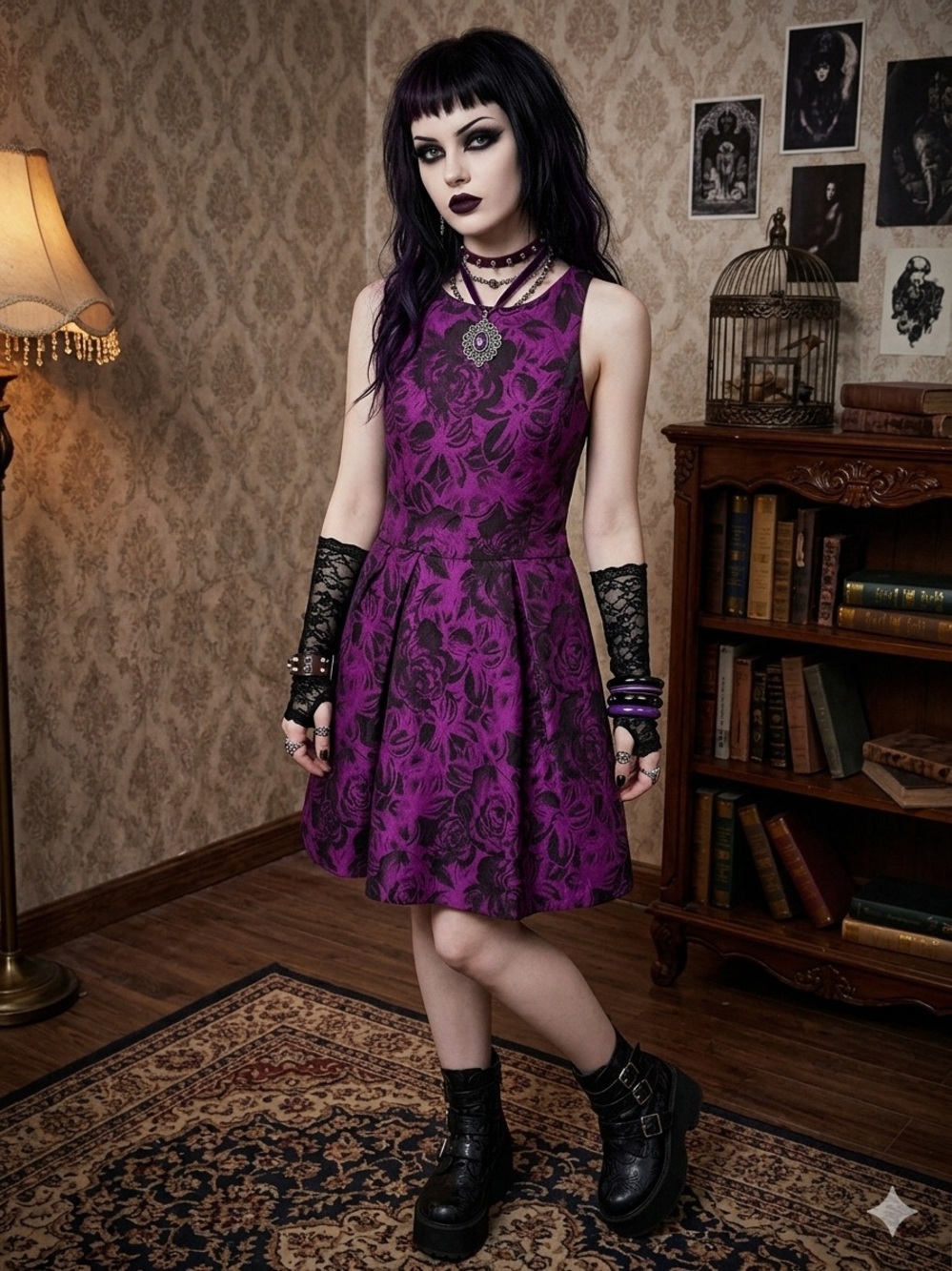 Betsey Johnson Whimsigoth Purple Floral Fit-and-Flare Mini Dress Size 10